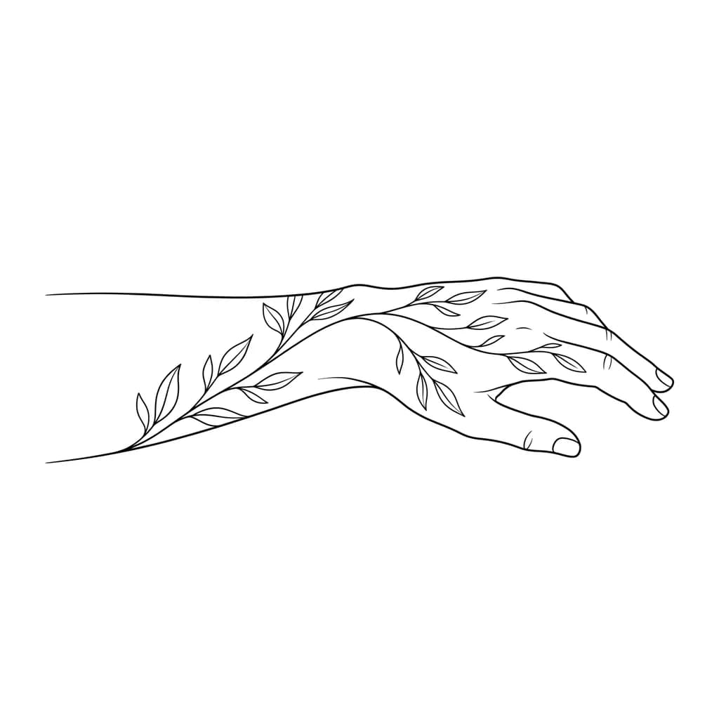 minimalist fine line botanical tattoo, thin elegant branch with leaves, flowing naturally from wrist to hand and fingers, clean simple lines, no shading, masculine, modern tattoo design, organic flow following hand shape