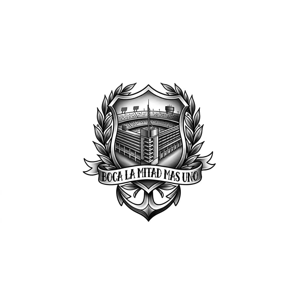 Cancha de boca, escudo antiguo con laureles, frase Boca La mitad mas uno. Todo fusionado en un diseño unico, con estilo black