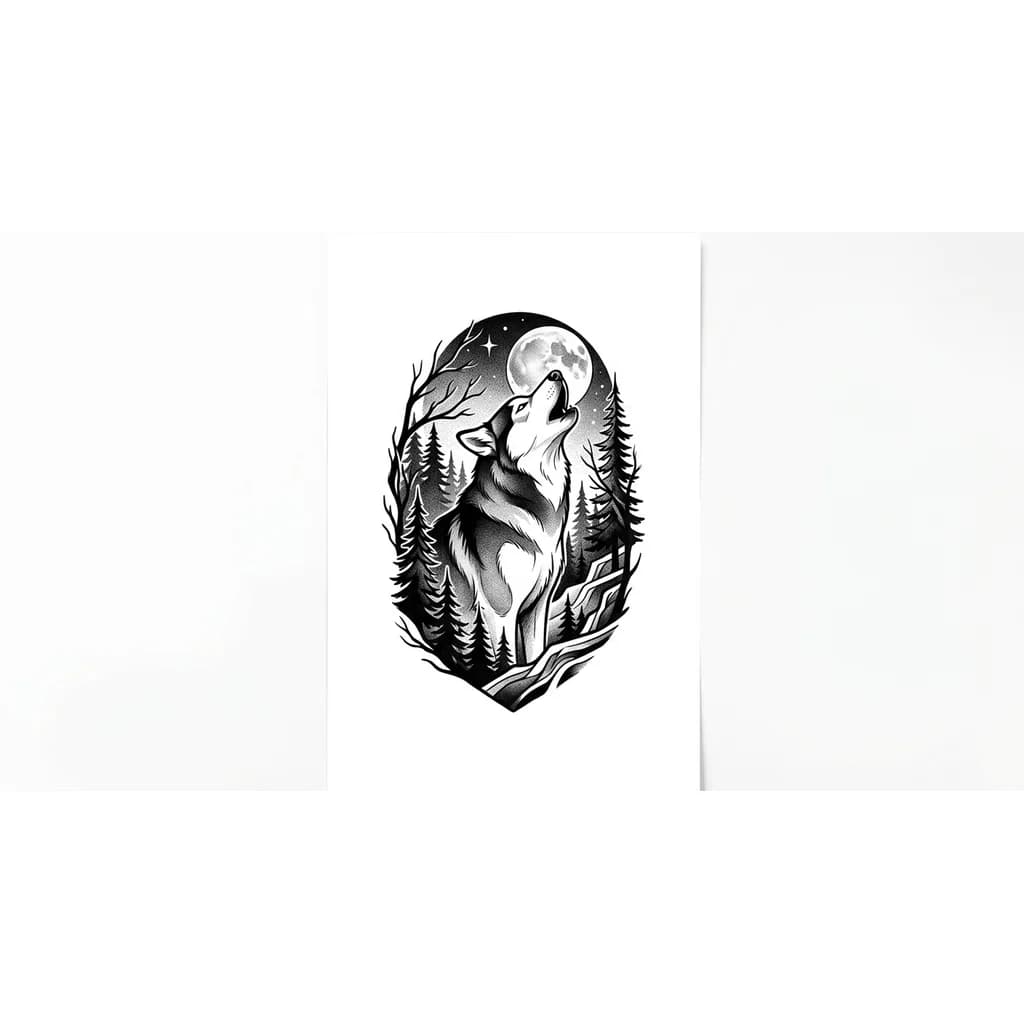 todo el brazo con un tatuaje con mi perro husky pero quiero el tatuaje que sea del estilo de un lobo con árboles, de noche, luna llena algo así del estilo