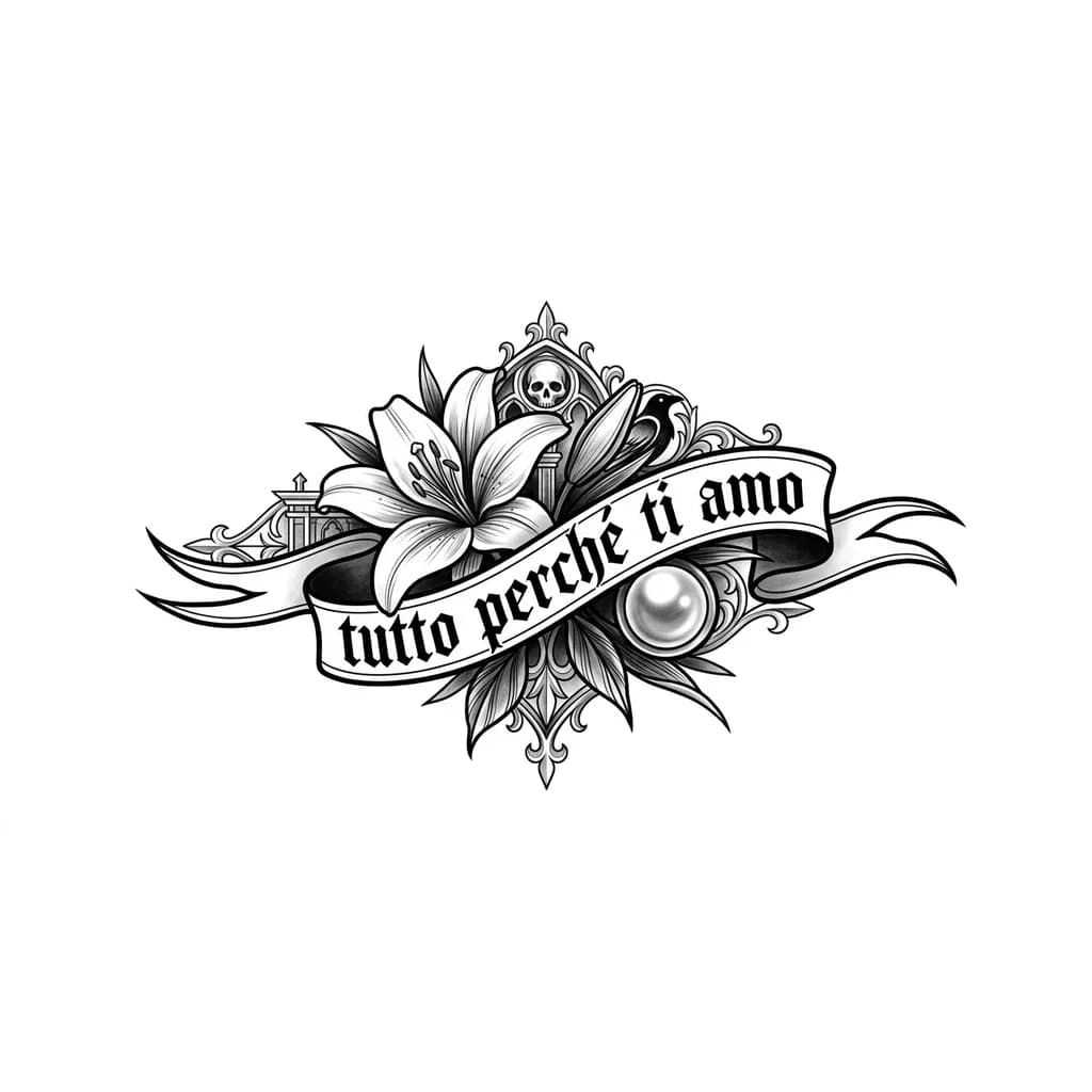 faça uma tatuagem com o desenho de uma flor de lírio e uma pérola e uma escrita "tutto perché ti amo"