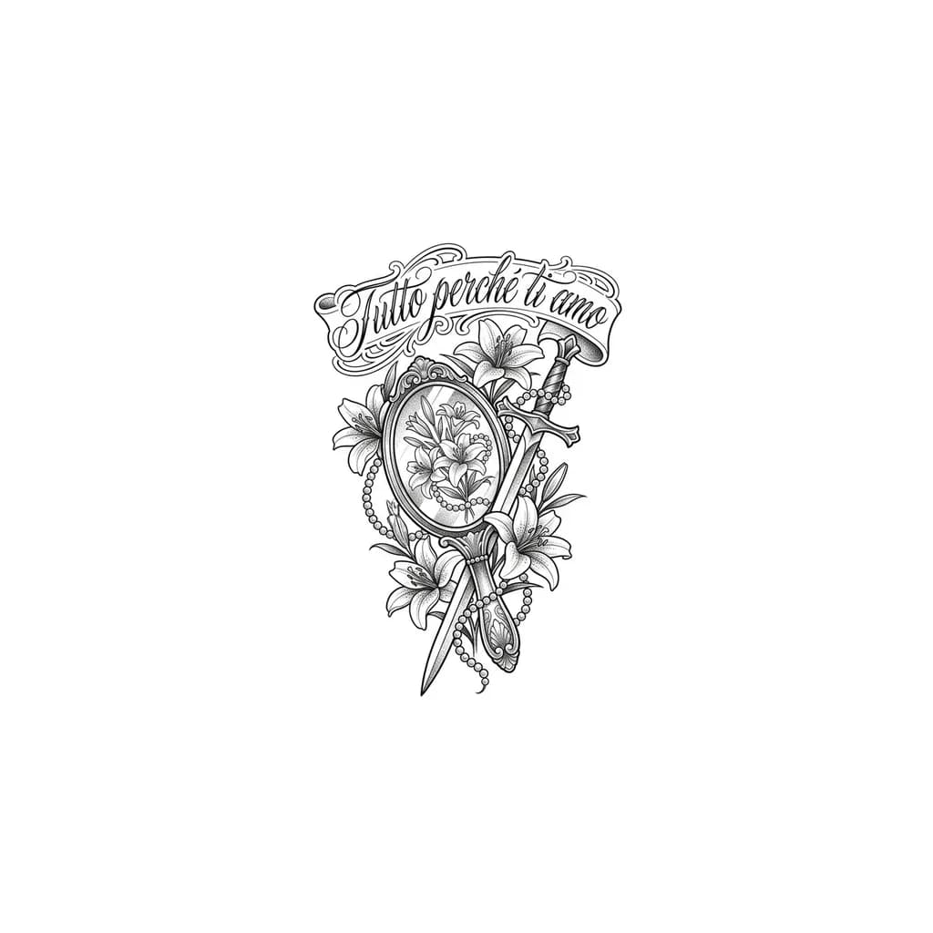 tatuagem sem cruz, sem santos ou santas, que tenha como representação lírios e pérolas, uma espada e um espelho de mão