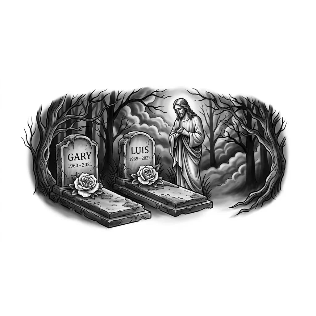 Cementerio con 2 tumbas con el nombre de Gary y otra Luis con Jesús al Lado y nubes con árboles al estilo triste boscoso aterrador una rosa blanca y fechas de el fallecimiento en sus tumbas dejar espacio para hacer mas tumbas