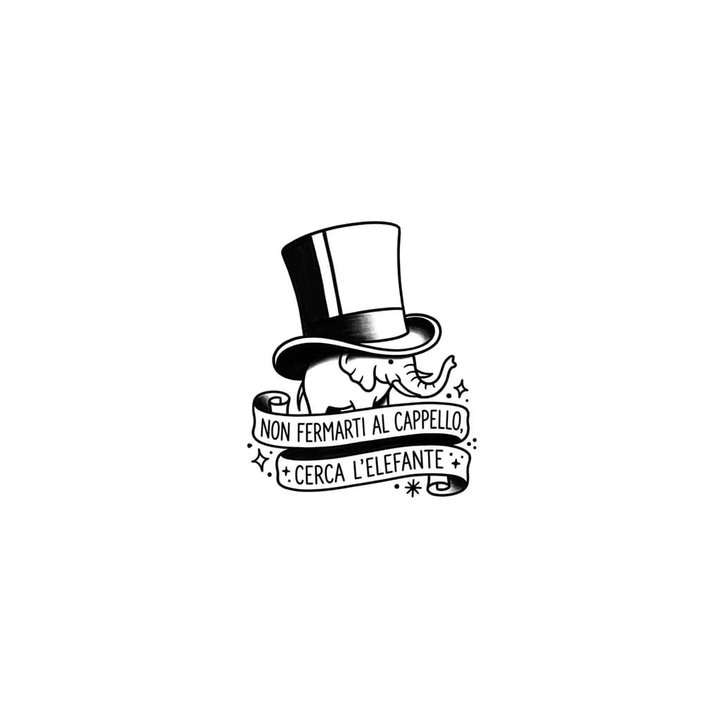 Illustrazione minimalista in stile Il Piccolo Principe, linee sottili e imperfette come disegnate a mano. la frase è "Non fermarti al cappello, cerca l'elefante"