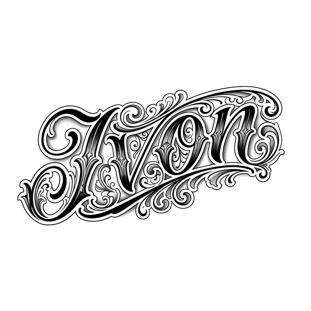ivon in chicano script lettering, diagonal slanted composition, flowing curved baseline, exaggerated swashes, extended loops, rich ornamental flourishes, intricate decorative curls, symmetrical filigree elements, ornamental background shapes, bold and thin contrast lines, black and grey tattoo style, soft airbrush shading, realistic shadows, smooth gradients, 3D depth, clean highlights, highly detailed, elegant lowrider lettering, tattoo flash style