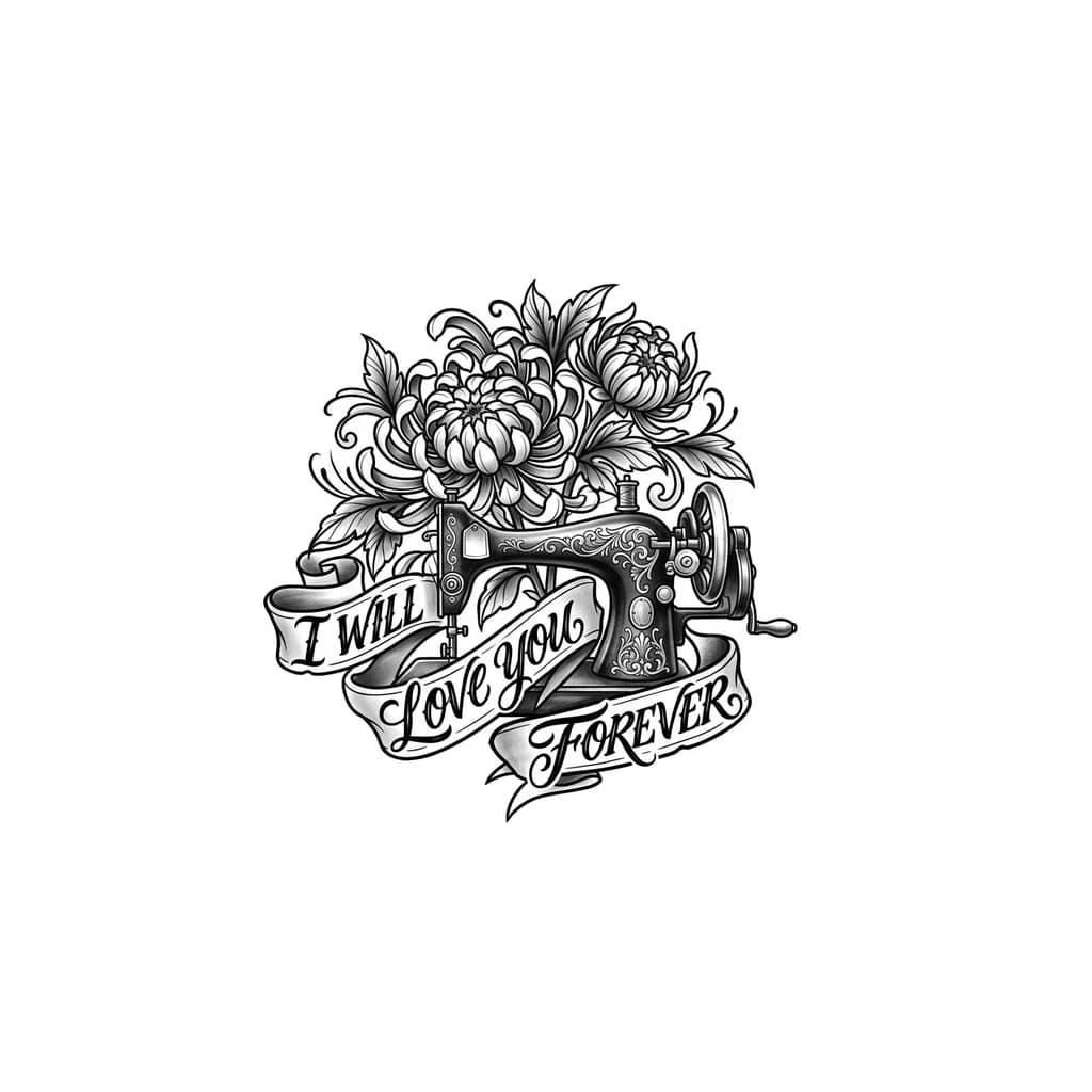 flores crisantemos en la parte interna del brazo del brazo y una maquina de coser con la frase "I will love you forever"
estilo rapero pero elegante, es para mujer