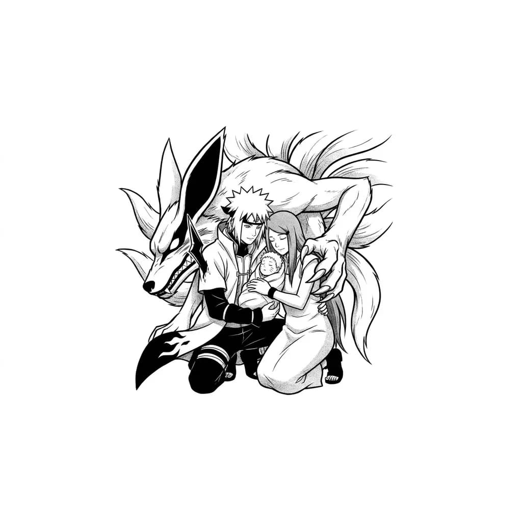 Ayudate de estas tres imagenes para hacer un boceto mucho mejor y que se asemeje al anime de naruto Pero naruto de bebe y kurama clava con su garra por la espalda a minato y kushina frente a minato estan pegado los dos cuanfo kurama los atviesa y el boceto en blanco y negro, como en el anime