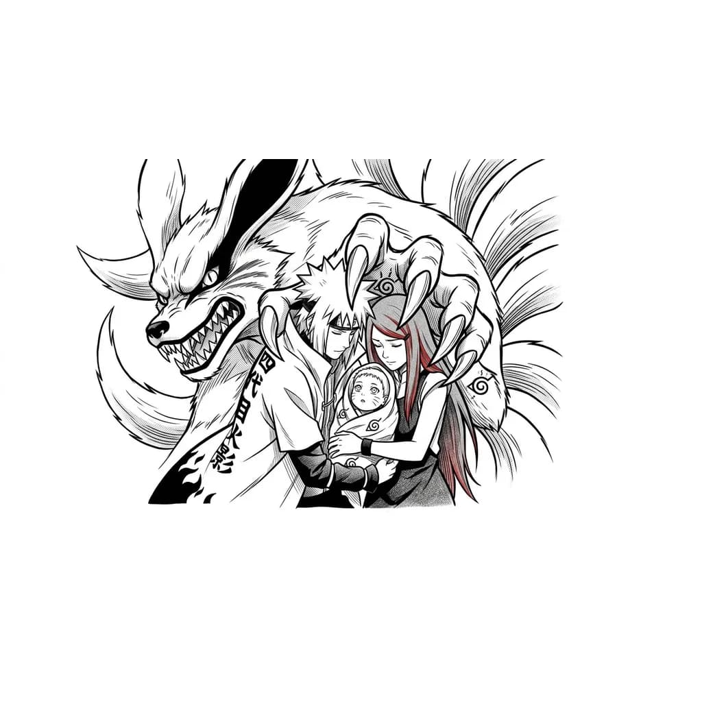 Ayudate de estas tres imagenes para hacer un boceto mucho mejor y que se asemeje al anime de naruto Pero naruto de bebe y kurama clava con su garra por la espalda a minato y kushina frente a minato estan pegado los dos cuanfo kurama los atviesa y el boceto en blanco y negro, como en el anime, gandre