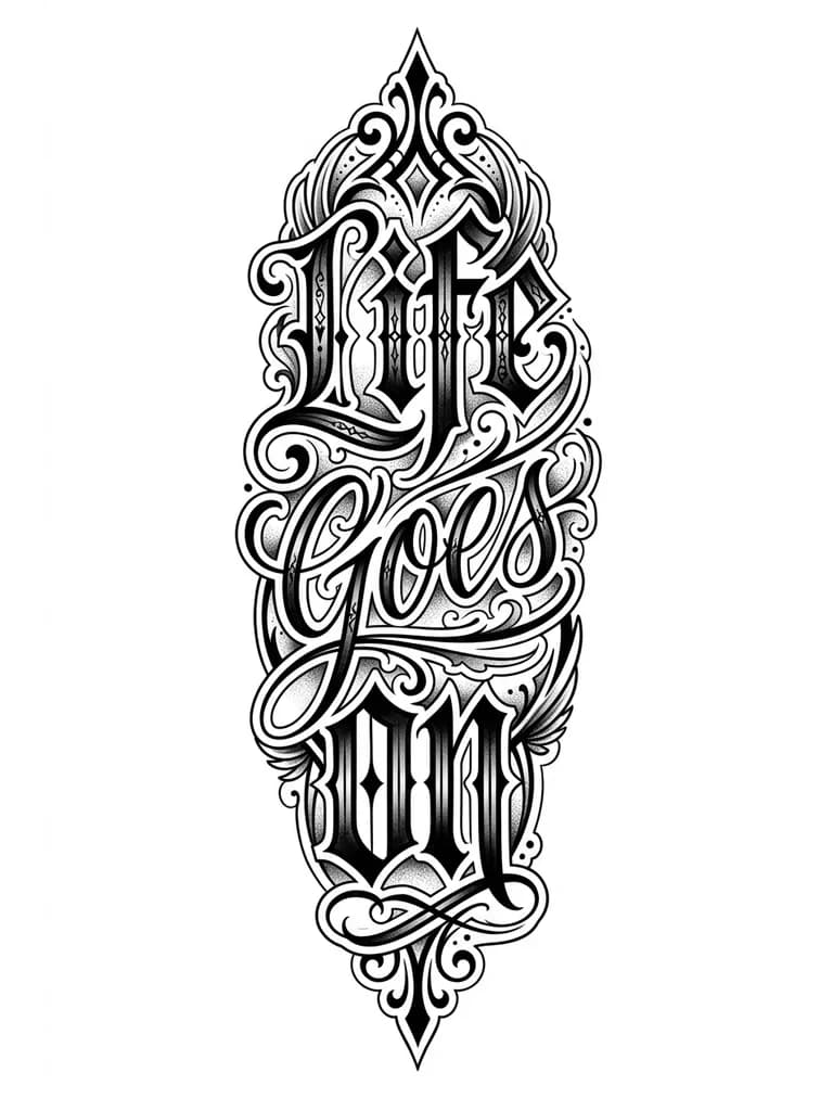 Tatuaje de Life Goes on en lettering detrás de la oreja en forma vertical con diseños y que sea de hombre