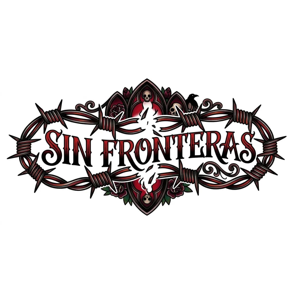 Quiero hacerme encima de la rodilla un tatuaje de un alambre de espino rojo y negro roto por las palabras "SIN FRONTERAS"