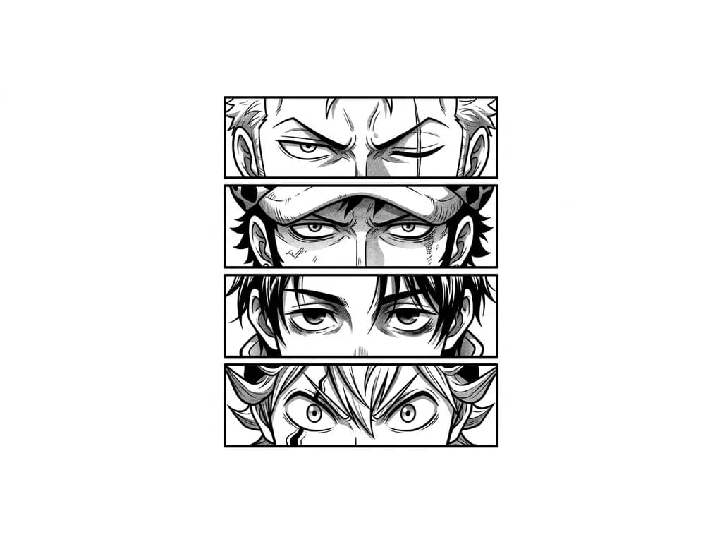 Haz una especie de 4 ventanas en forma rectangular y que dentro de cada ventana que aparezca en una los ojos de zoro de one piece en otra los de trafalgar d water low de one piece, en otra los de yuta de jjk, y en la ultima los de asta de black clover