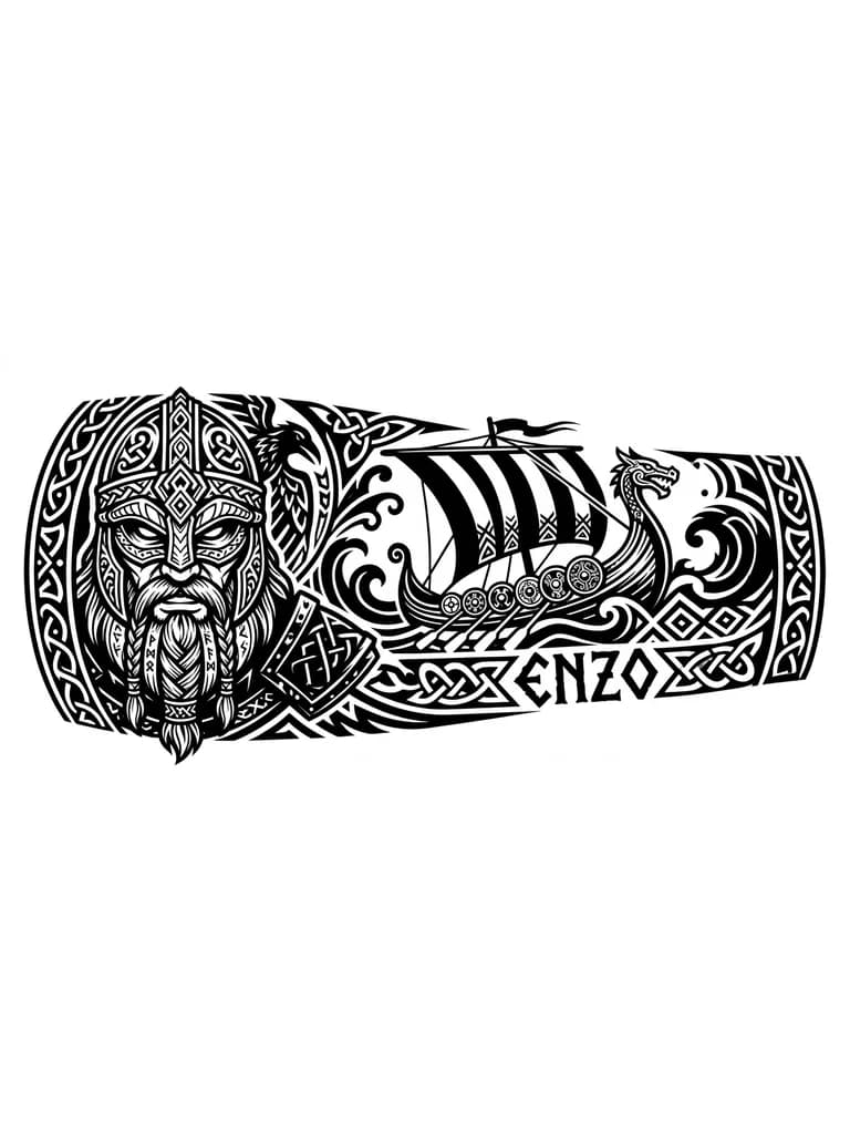 Quiero un tatuaje que cubra la parte externa de mi antebrazo, que tenga una cara de un vikingo y barco vikingo