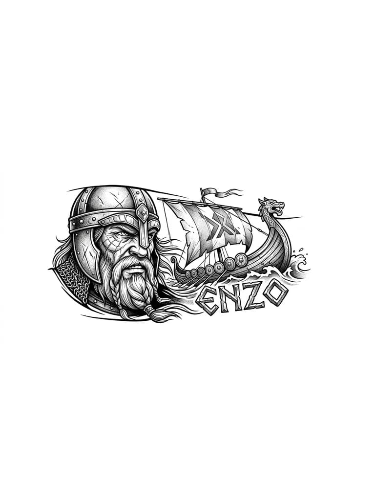 Quiero un tatuaje que cubra la parte externa de mi antebrazo, que tenga una cara de un vikingo y barco vikingo estilo realista