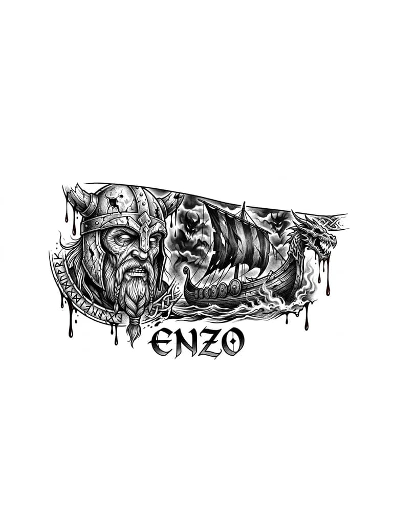 Quiero un tatuaje que cubra la parte externa de mi antebrazo, que tenga una cara de un vikingo y barco vikingo estilo realista