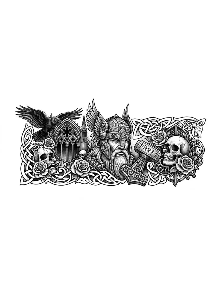 Tatuaje de manga completa en estilo realista black & grey, con un guerrero vikingo de expresión seria, barba larga y casco ornamentado con alas. Detalles metálicos y grabados nórdicos intrincados. Sostiene una reliquia tipo martillo de Thor Fondo con patrones nórdicos fluidos que rellenan el brazo. Iluminación dramática, alto contraste, sombreado suave y estilo hiperrealista.
