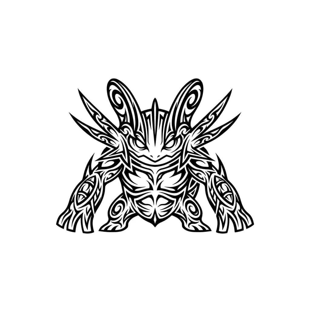 Tribal Swampert tattoo design, blackwork style, Polynesian/Maori tribal fusion, aggressive and powerful look. Swampert centered, front-facing with slight tilt, eyes white and pupil-less, expression fierce. Body formed entirely by flowing tribal lines instead of solid fill. Thick and thin black curves with sharp pointed edges, high contrast, clean negative space Head fins extended into long tribal spikes. Muscular chest represented with symmetrical tribal armor-like patterns Arms