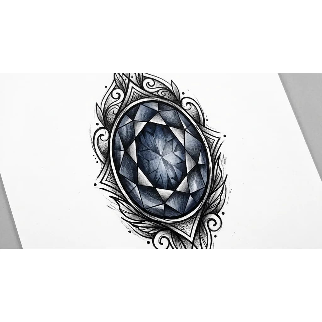 Tatuaje de un zafiro, ya sea medio redondo u ovalado. Con toques de sombras bien definidos que den profundidad. No quiero a colores. Solo negros y grises.