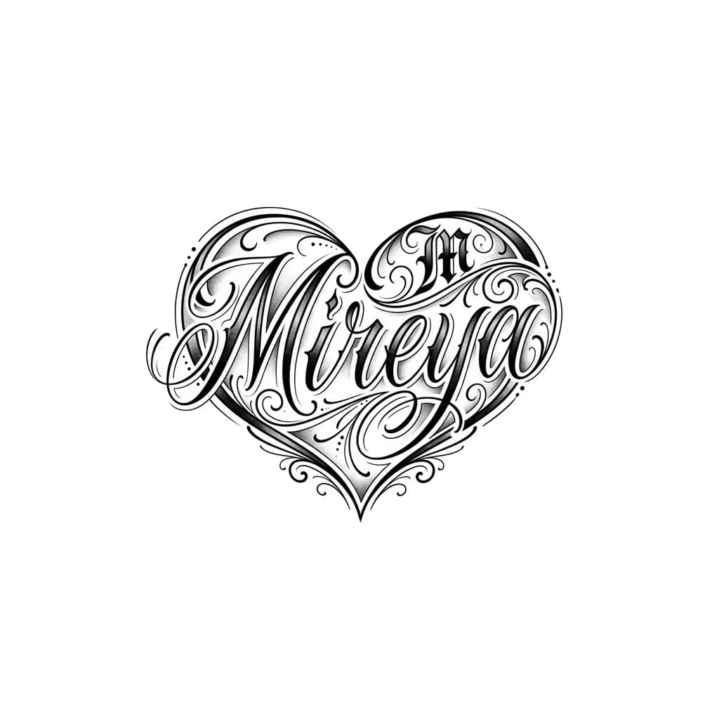 Quiero el nombre Mireya para tatuar con letra fina y elegante con un poco de sombra k la y haga forma de corazon mete más líneas
