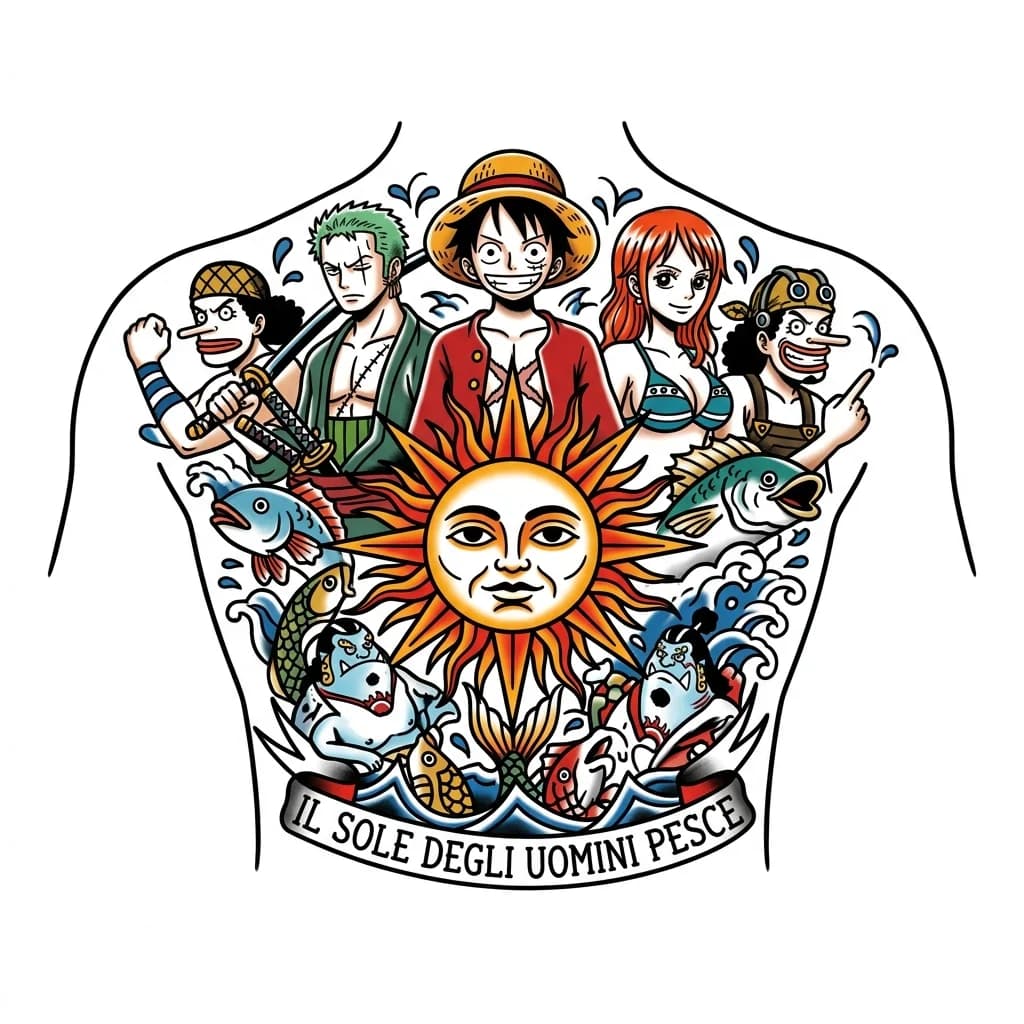 Il sole degli uomini pesce personaggi del manga One Piece,. In stile realista