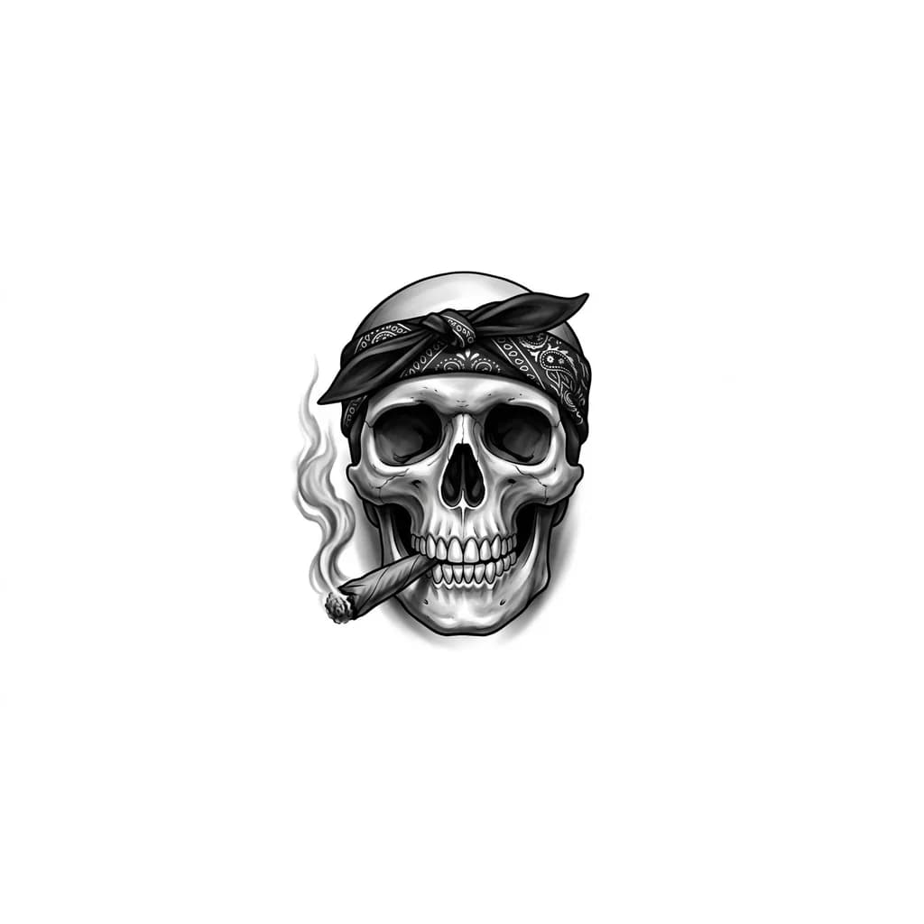 “Chicano style tattoo design of a realistic human skull smoking a marijuana blunt, black bandana tied around the forehead, black and grey only, smooth shading, soft shadows, minimal outlines, low linework, realistic tattoo flash art, gangster chicano aesthetic, no color, no background, tattoo stencil ready.”