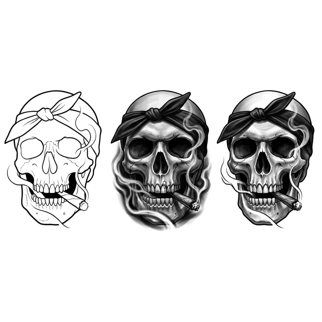 “Aggressive chicano realistic tattoo, black and grey skull smoking a marijuana blunt, 3/4 face angle, menacing expression, black bandana on forehead, sinister smoke effects swirling around the skull, deep shadows, high contrast, strong highlights, realistic bone texture, cracked teeth, dark lowrider street aesthetic, smooth gradients, minimal linework, hyper realistic tattoo shading, tattoo-ready composition.”