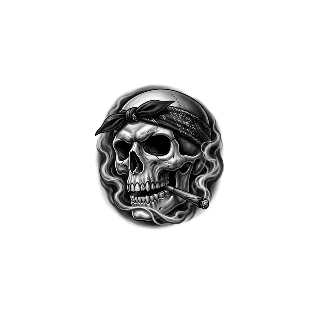 Aggressive chicano gangster realistic tattoo design in black and grey of a human skull viewed at a 3/4 face angle, with a menacing expression. The skull is smoking a marijuana blunt with glowing ash, while thick sinister smoke effects swirl aggressively around the face skull. A black bandana is tied around the forehead in classic street gang style. Deep hollow eye sockets, threatening grin, highly detailed cracked teeth and realistic bone texture. Dramatic noir cinematic lighting with ult