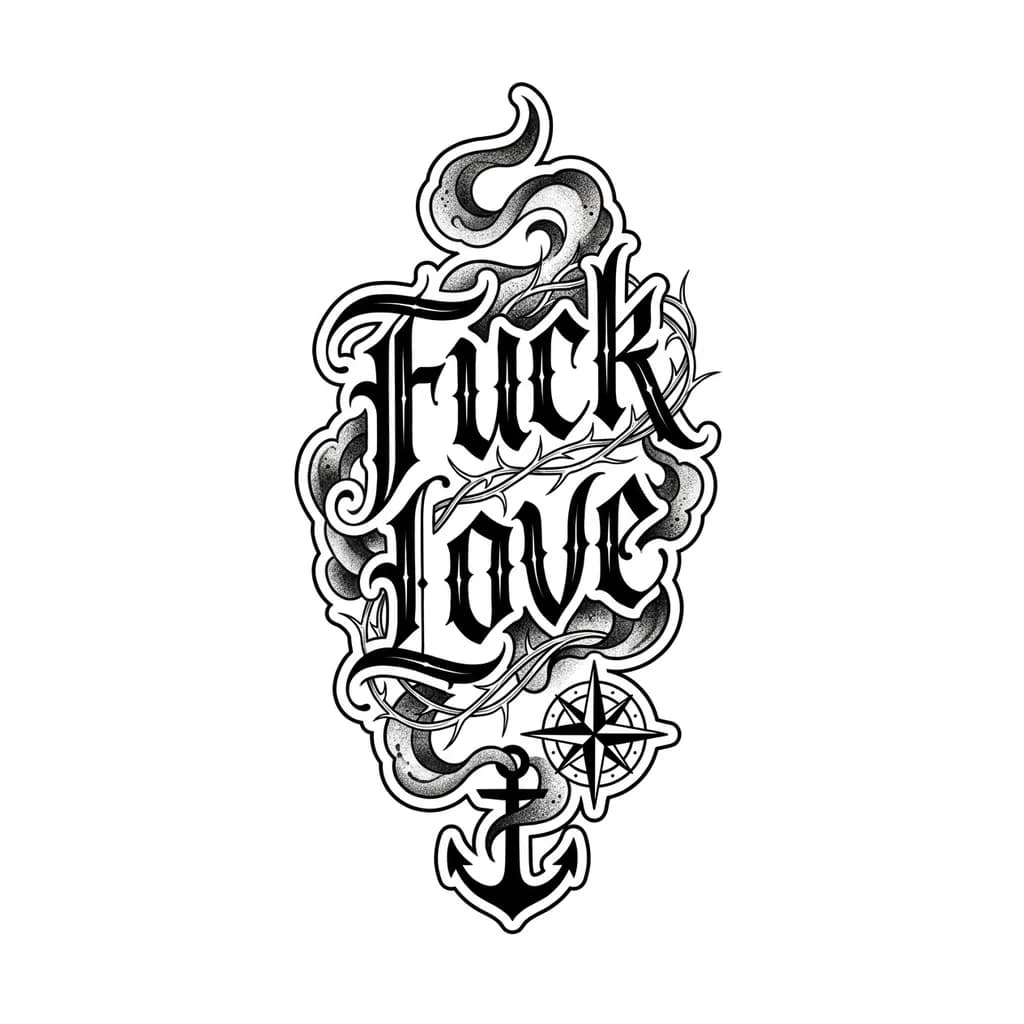 Diseño de tatuaje para cuello masculino, texto “FUCK LOVE” inspirado en la tipografía del logo de Barderos, estilo gothic blackwork elegante, sombras suaves, detalles de humo oscuro y espinas finas alrededor, composición vertical para costado del cuello, estética callejera y artística, minimalista pero agresiva, tattoo realistic, black ink only