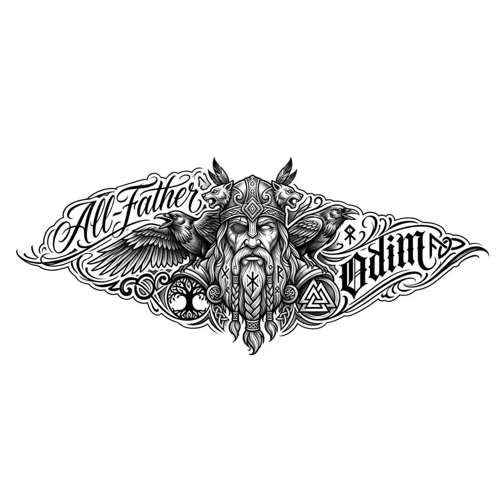 Odin the All-Father with one eye, two ravens Huginn and Muninn perched on shoulders, Nordic mythology, detailed beard with intricate patterns, mystical aura, black and white monochrome ink style, tattoo flash sheet illustration, white background, high contrast, clean lines