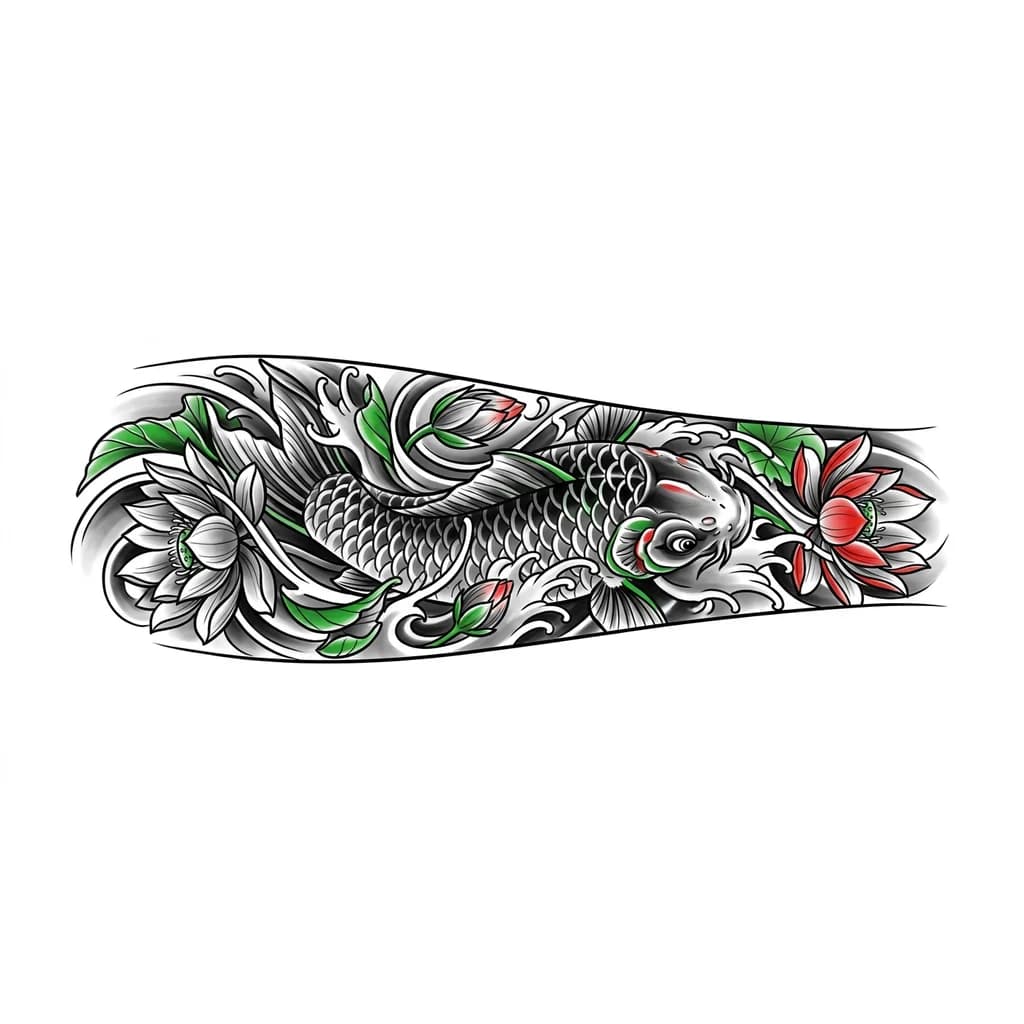 Tiene peces koi
1 o 2
Tiene que ser en blanco y negro con contraste color verde llamativo
También tiene flores de loto
Puede ser otro color que haga contraste como rojo o anaranjado