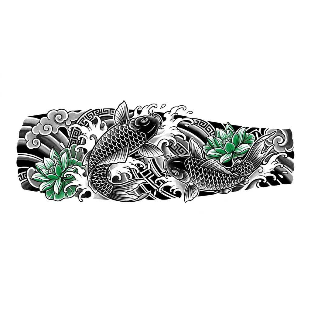 Tiene peces koi
1 o 2
Tiene que ser en blanco y negro con contraste color verde llamativo
También tiene flores de loto
Puede ser otro color que haga contraste como rojo o anaranjado