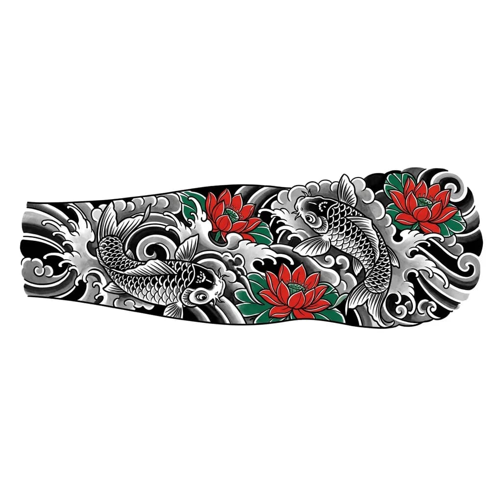 Tiene 2 peces koi, los peces no son todo el tatuaje, quiero que tenga fondo y los peces solo la decoración
Tiene que ser en blanco y negro con contraste color verde llamativo
También tiene flores de loto color que haga contraste como rojo o anaranjado