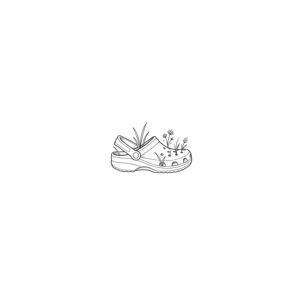 small crocs shoe with little bit of grass out of the holes in it without any ground unfer the shoe