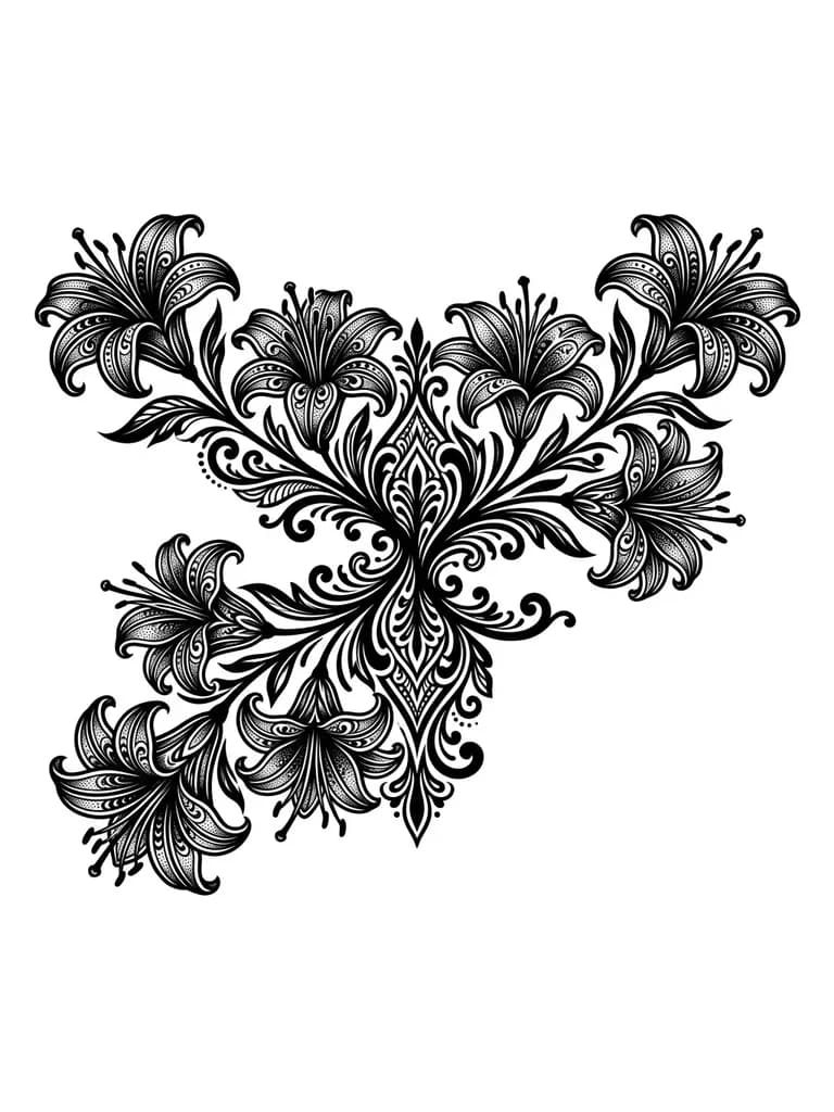 large black and grey lily spine tattoo with six flowers,
elegant branch flow, dark feminine, soft shading, negative space