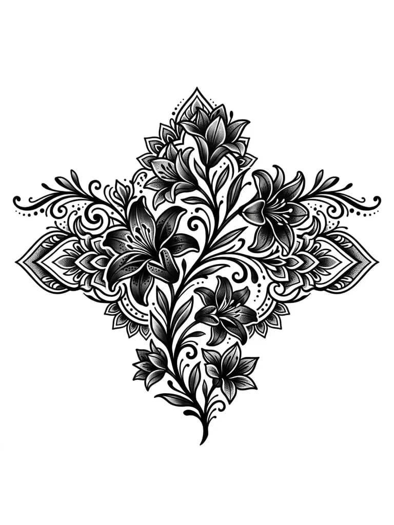 large black and grey lily spine tattoo with six flowers,
elegant branch flow, dark feminine, soft shading, negative space