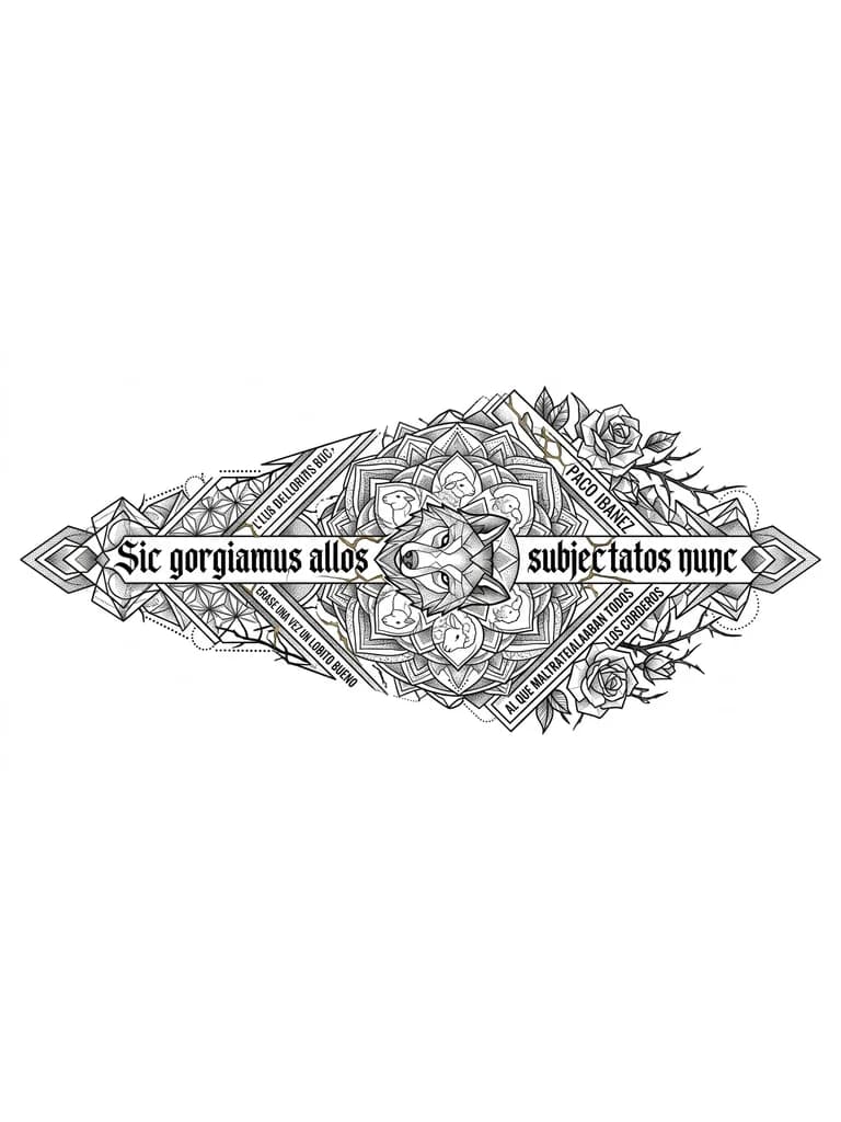 Quiero crear un tatuaje para mi pantorrilla completa. que sea en estilo geometrico, que tenga la frase " Sic Gorgiamus Allos Subjectatos Nunc " y que haga referencia a la resilencia y a la frase de la cancion de Paco Ibañez: " Erase una vez un lobito bueno al que maltrataban todos los corderos". Que sea un poco gotico tambien y de lineas delgadas. Quiero tambien que incluya el concepto Kintsugi de alguna forma en las lineas.