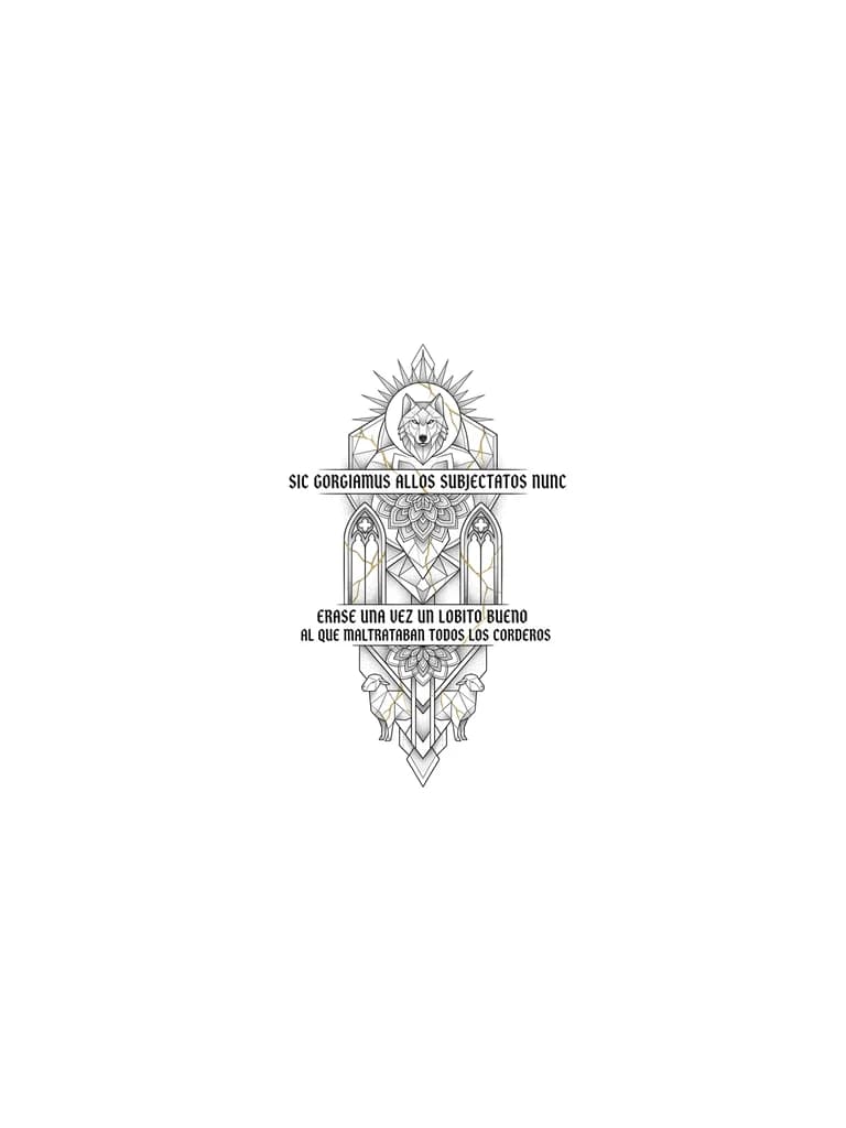 Quiero crear un tatuaje para mi pantorrilla completa. que sea en estilo geometrico, que tenga la frase " Sic Gorgiamus Allos Subjectatos Nunc " y que haga referencia a la resilencia y a la frase de la cancion de Paco Ibañez: " Erase una vez un lobito bueno al que maltrataban todos los corderos". Que sea un poco gotico tambien y de lineas delgadas. Quiero tambien que incluya el concepto Kintsugi de alguna forma en las lineas. Quiero que sea vertical y la frase este en dos lineas horizontales.
