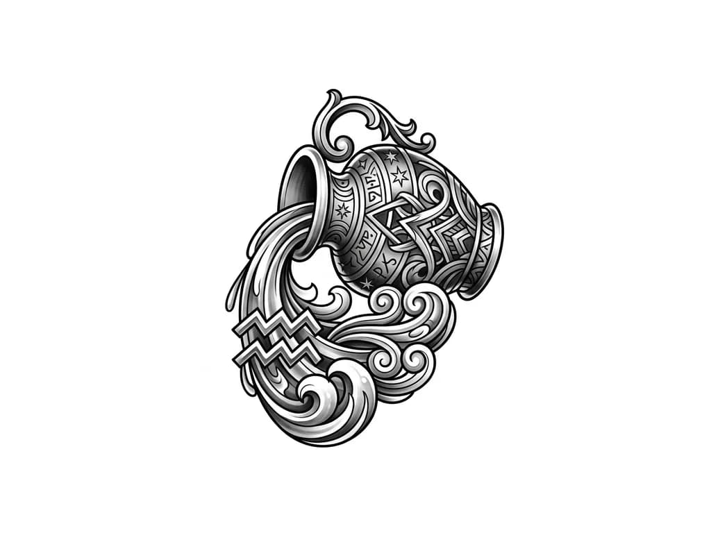Aquarius tattoo without people. The tattoo is used as a cover for an existing tattoo.