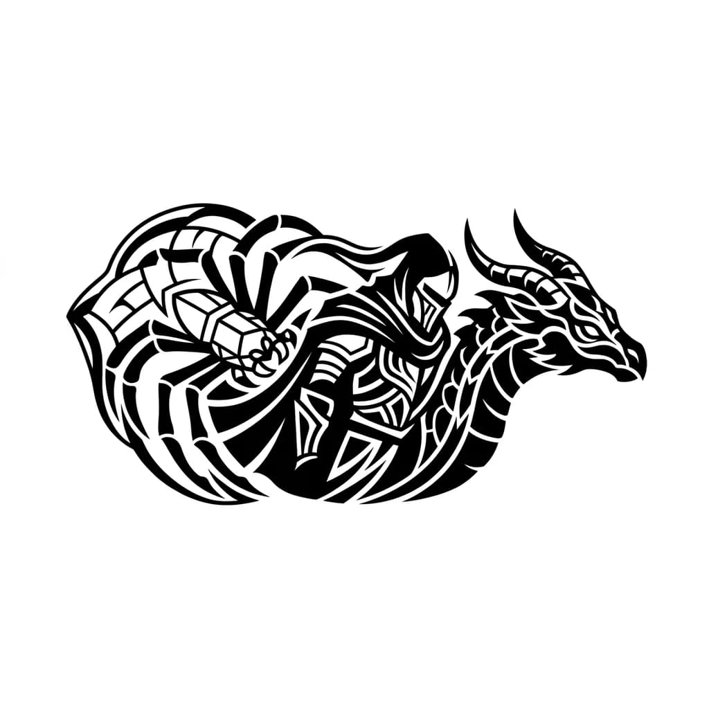 Make me a tattoo using the bosses from Dark Souls 2 and 3 as examples. Two bosses from Dark Souls 3 are Gael and Midir, who is a dragon. The other is from Dark Souls 2, the spider called the Duke's Beloved Freja, covering the jaw area up to the shoulder.