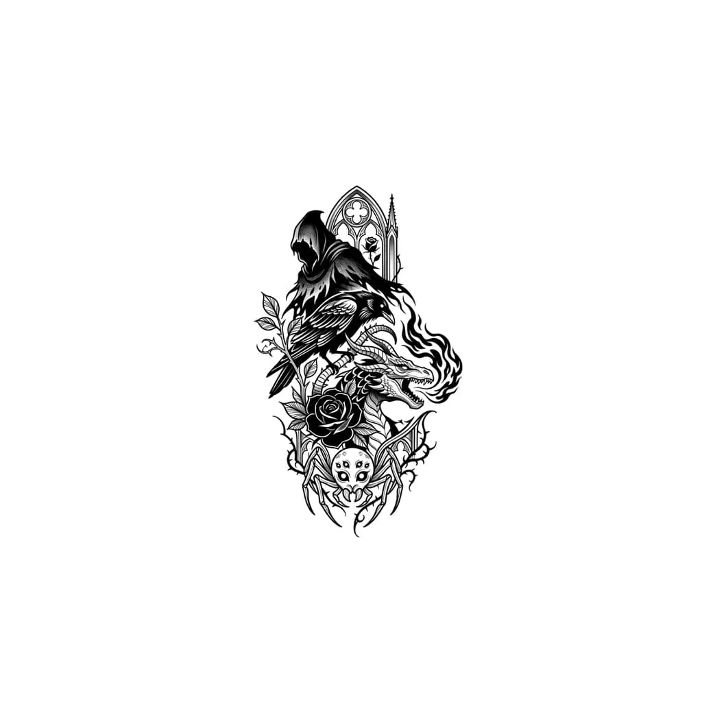Make me a tattoo using the bosses from Dark Souls 2 and 3 as examples. Two bosses from Dark Souls 3 are Gael and Midir, who is a dragon. The other is from Dark Souls 2, the spider called the Duke's Beloved Freja, covering the jaw area up to the shoulder.