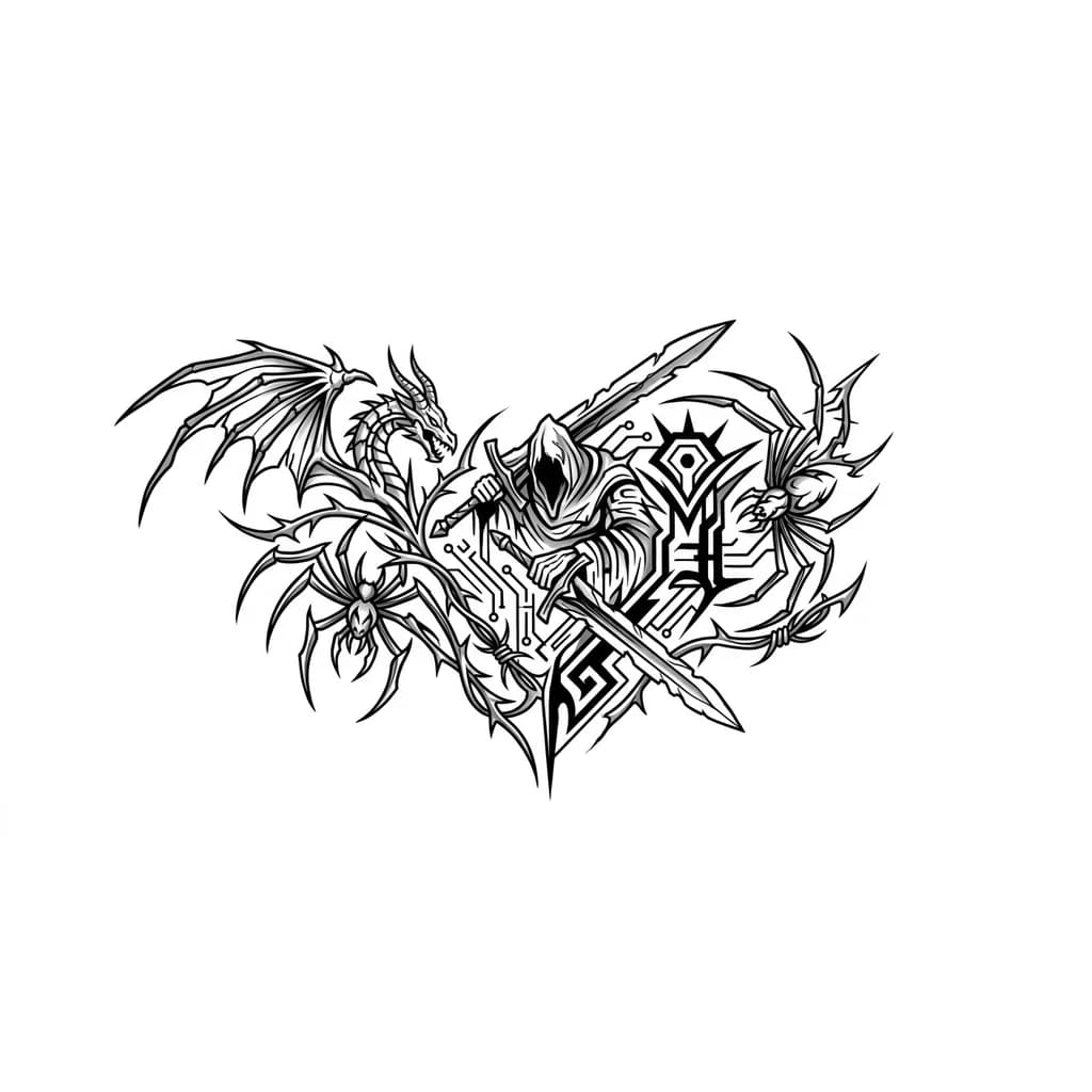 Make me a tattoo using the bosses from Dark Souls 2 and 3 as examples. Two bosses from Dark Souls 3 are Gael and Midir, who is a dragon. The other is from Dark Souls 2, the spider called the Duke's Beloved Freja, covering the jaw area up to the shoulder.