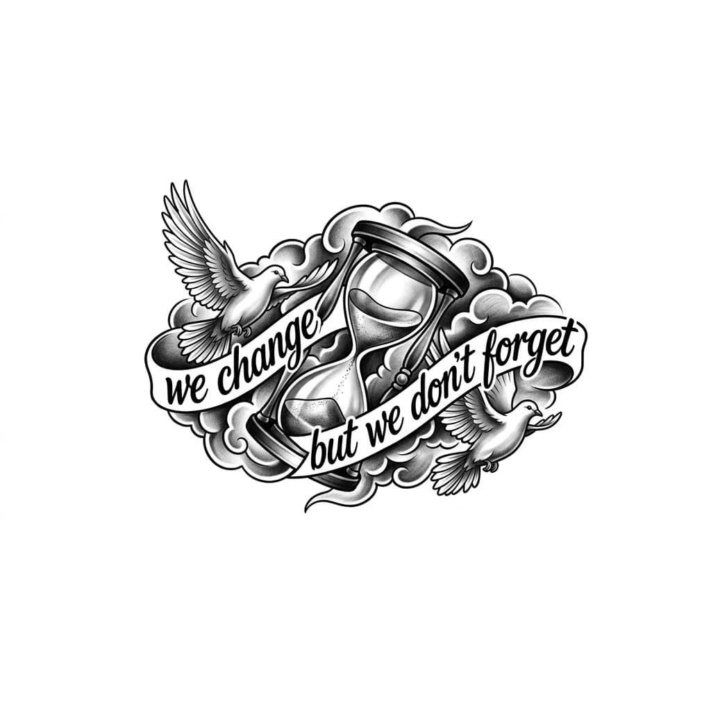 La phrase « we change but we don't forget » avec des nuage un sablier des colombes