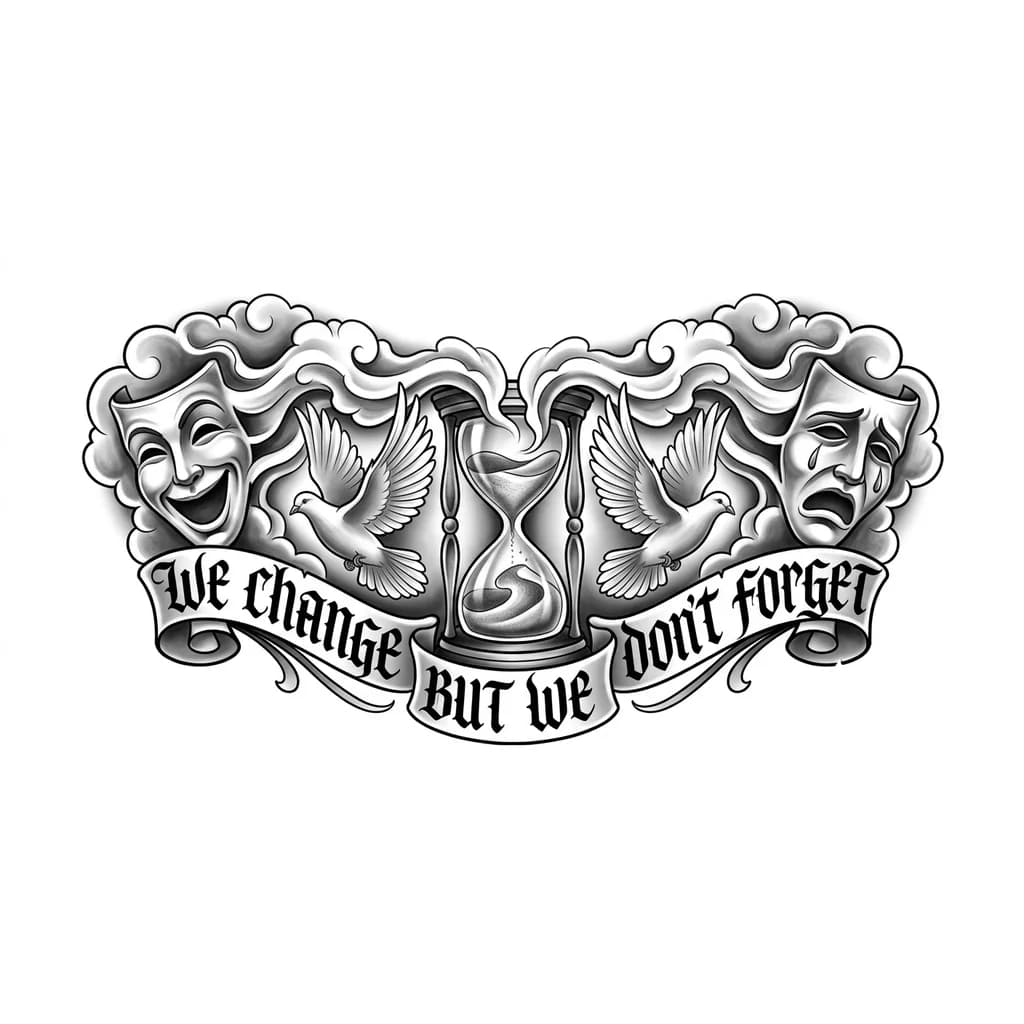 La phrase « we change but we don't forget » avec des nuage un sablier des colombes un masque qui rit/qui pleure