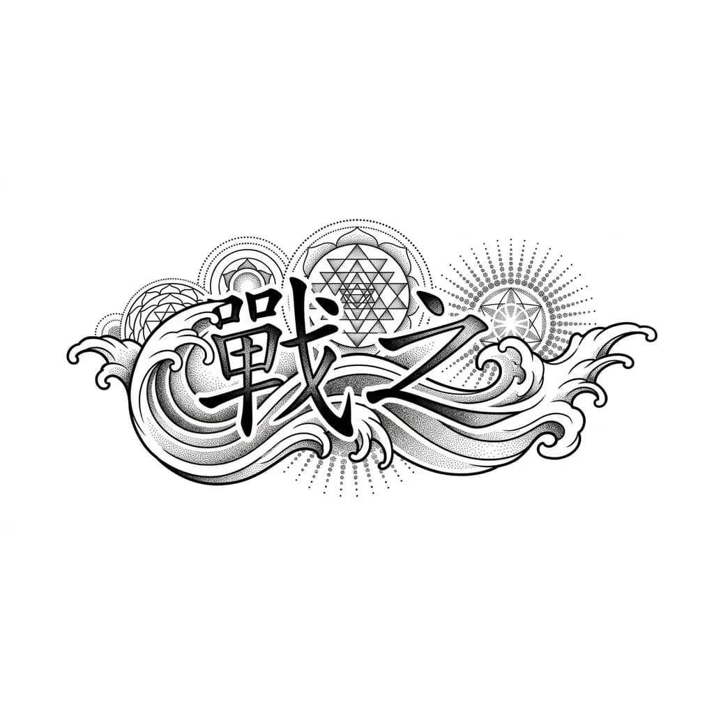 戰之 font/design in an abstract style, composed of several flowing lines inspired only by Japanese painting waves. I don’t want it to look too realistic.