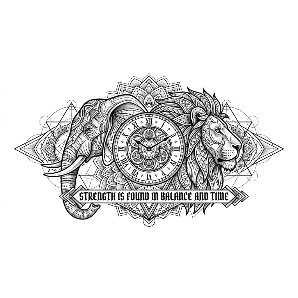 Half elephant half lion with a clock a quote