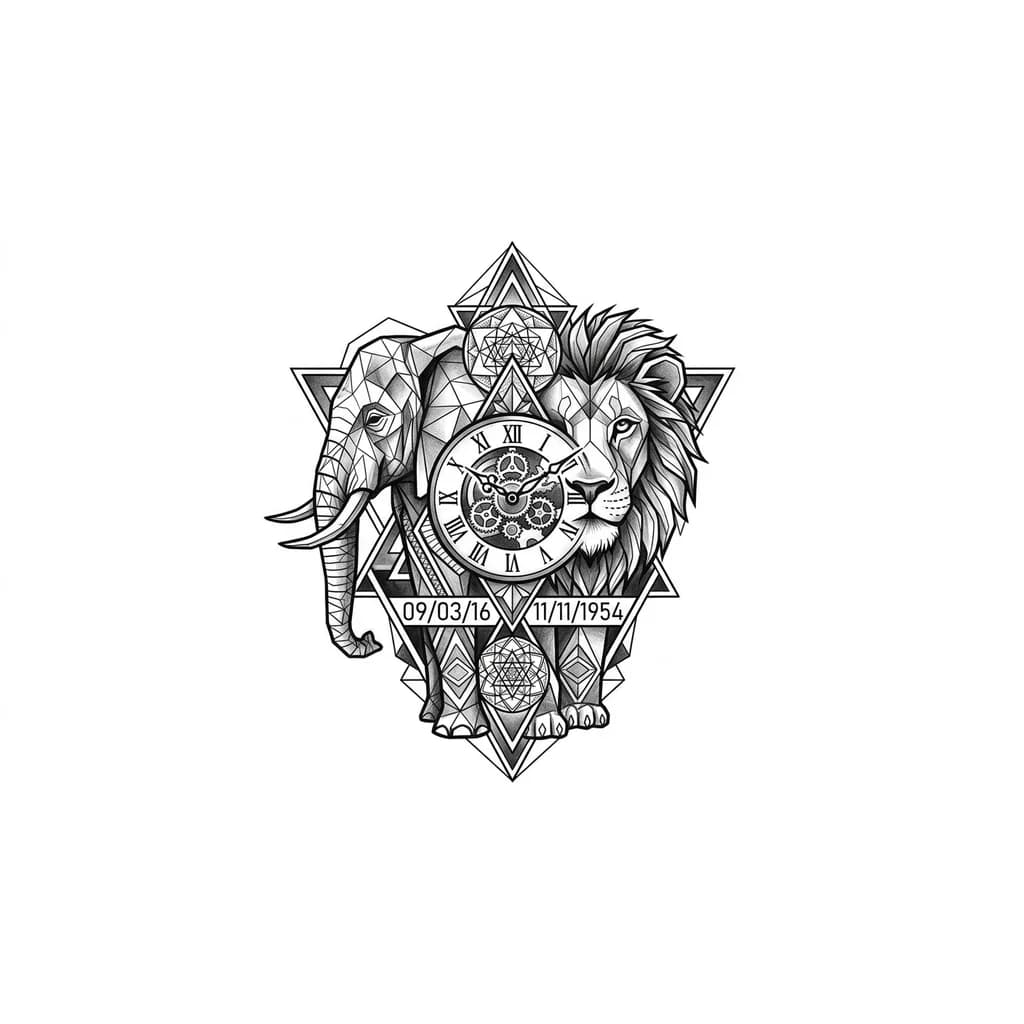 Half elephant half lion with triangles, a clock, and a date of 09/03/16 and also 11/11/1954 mainly for the back part of my body