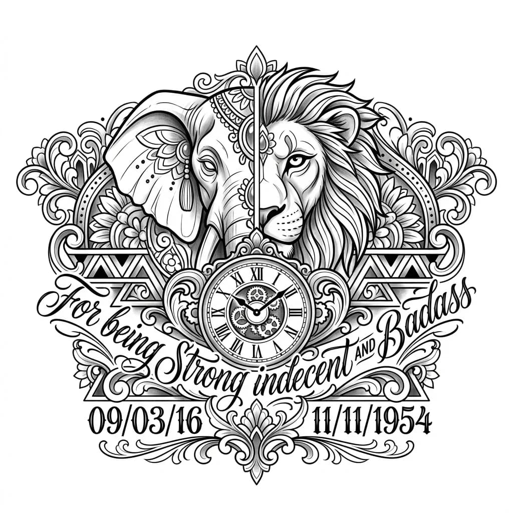 Half elephant half lion just faces not the whole image with triangles, a clock, and a date of 09/03/16 and 11/11/1954 and a quote of for being strong indecent and badass