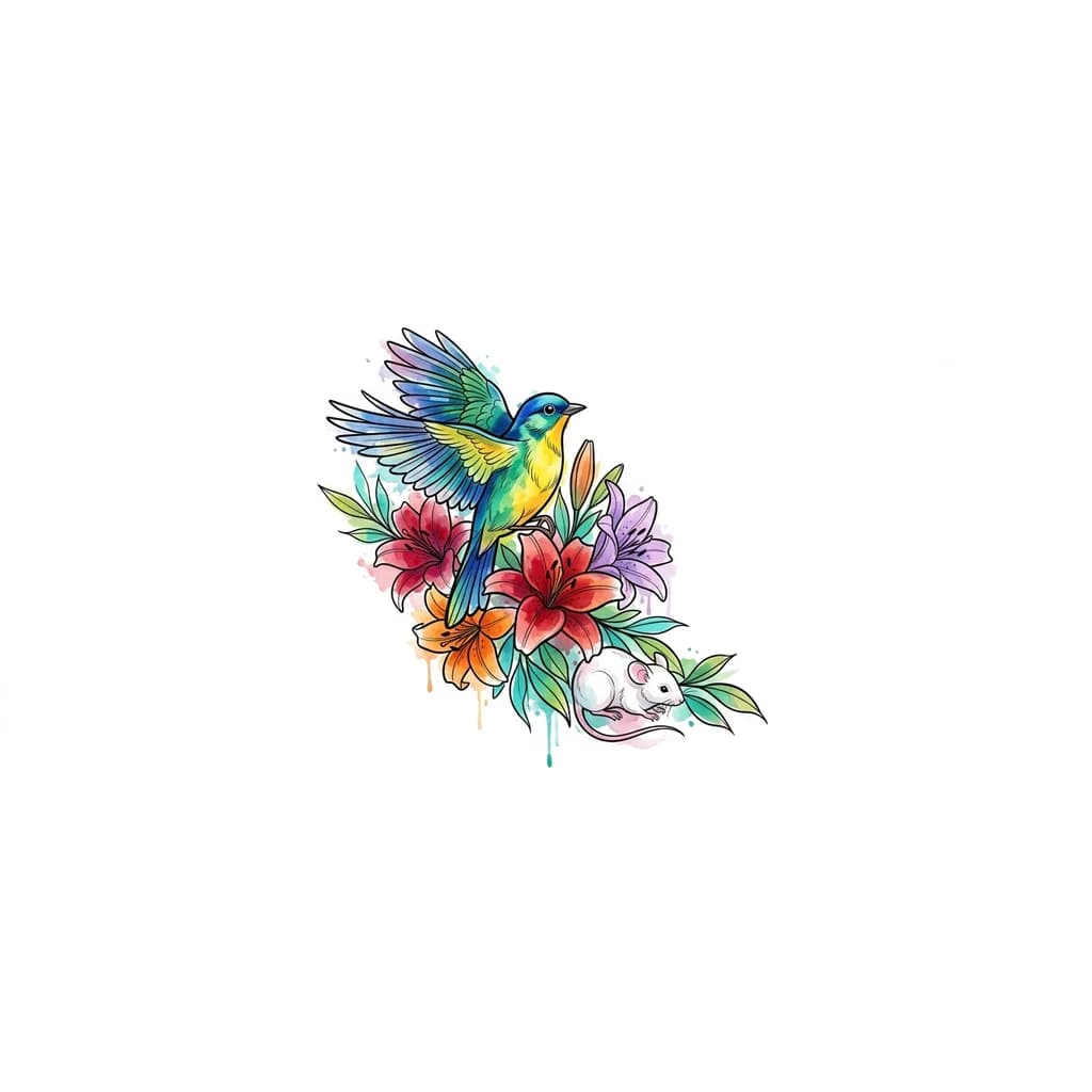 bird, lilies, leaves, white mouse