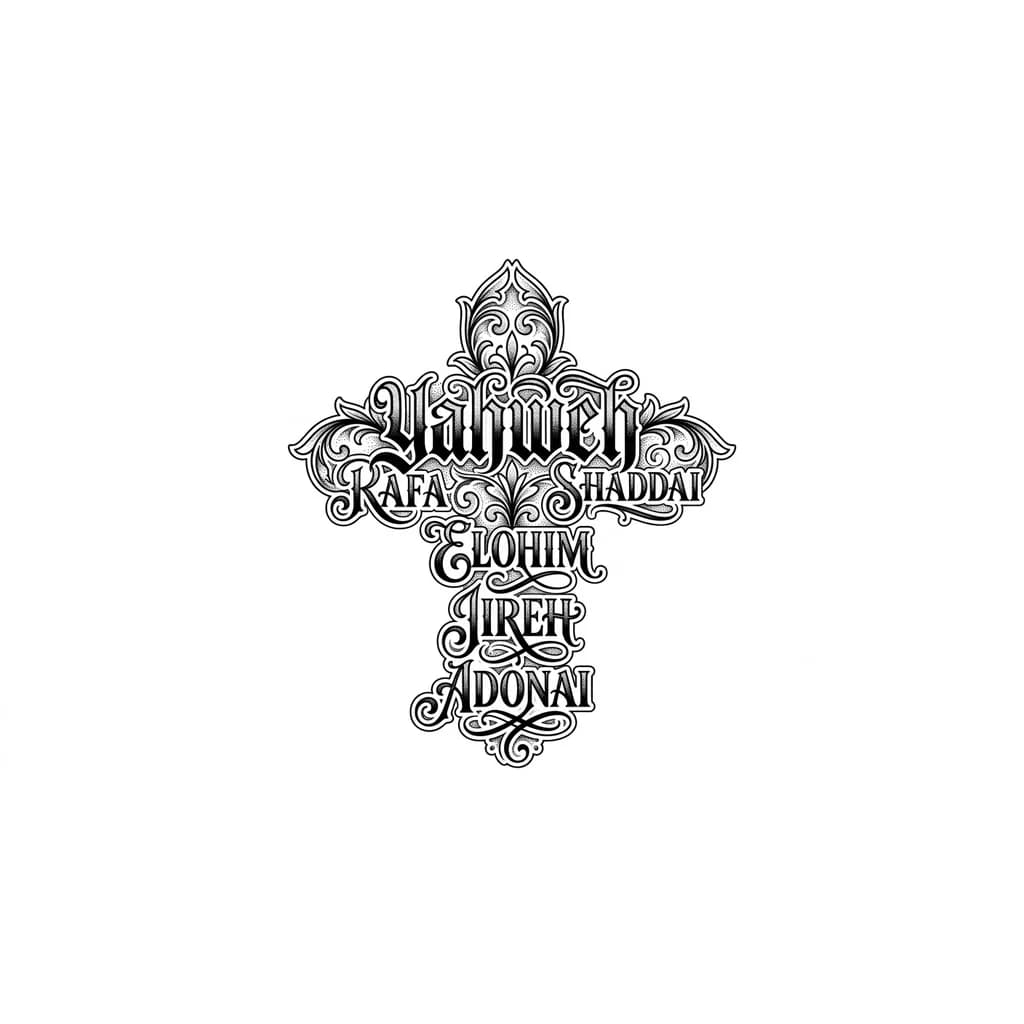 Quiero que los siguientes nombres forme una cruz : Yahweh, Rafa, Elohim, Shaddai, Jireh, Adonai