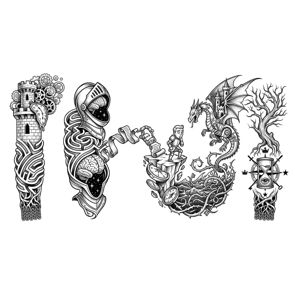 Create a small, simple medival tattoo idea, for a person who is a overthinker, a person who gets out of his comfort zone