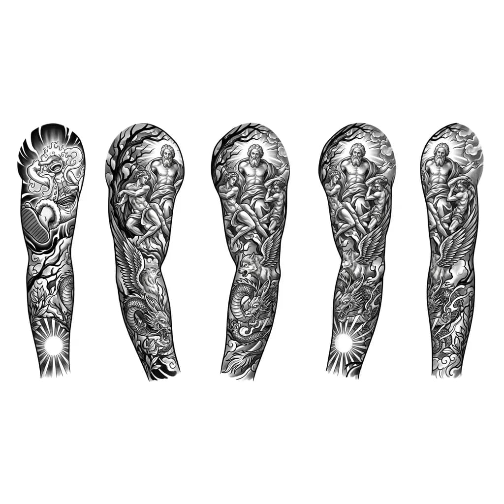 A full arm sleeve tattoo, black and grey realism. Shoulder features Luffy Gear 5 Haki aura radiating powerfully. Divine figure surrounded by baroque human figures in dramatic poses, Michelangelo-inspired. Winged wolf, coiling dragon on lower arm, rays from glowing orb. Dark branches, clouds and nature connect all elements. Seamless wrap, no empty spaces. Ultra detailed fine line shading, deep contrast, photorealistic tattoo rendering, professional lighting.