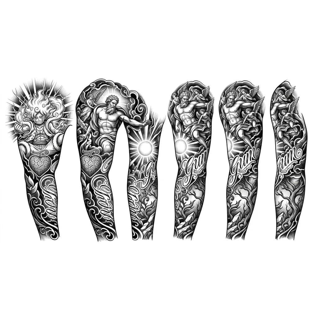 A full arm sleeve tattoo, black and grey realism. Shoulder features Luffy Gear 5 Haki aura radiating powerfully. Ope Ope no Mi fruit integrated into composition. Powerful god surrounded by angels in dramatic baroque poses, Michelangelo-inspired. Elegant script letters flowing through design. Rays of light from glowing orb. Dark clouds and nature connect all elements. Seamless wrap, no empty spaces. Fine line shading, deep contrast, photorealistic tattoo rendering, professional lighting.